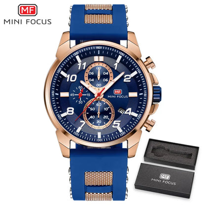 MINI FOCUS Chronograph Quartz Watches Men Blue Silicone Army Sport Top Brand LuxuryWristwatch Man Relogios Masculino Clock 0268