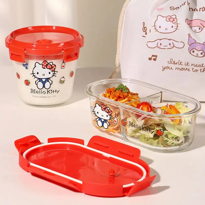 Sanrio Kawaii Hello Kitty Glass Lunch Box My Melody Kuromi Anime Cartoon Sweet Microwaveable Sealed Soup Bowls with Separate Lid