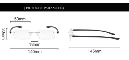 Men's Anti Blue Light Blocking Reading Glasses Cut Frameless Metal HD Lens Eyewear Women Prescription Presbyopic Glasses +400