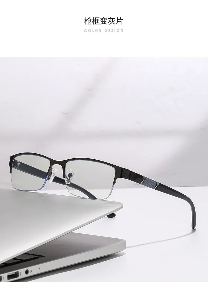 Metal Frame Far Sighted Eyeglasses with Sunshades Smart Photochromic Multifocal Reading Glasses Men Business Presbyopia Eyewear