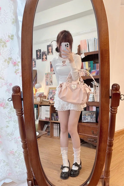 Sweet Bow Lolita Pink Hand Bag Purse Women Harajuku Love Heart Soft Crossbody Bag Lady Kawaii Large Capacity Shoulder Bag Female