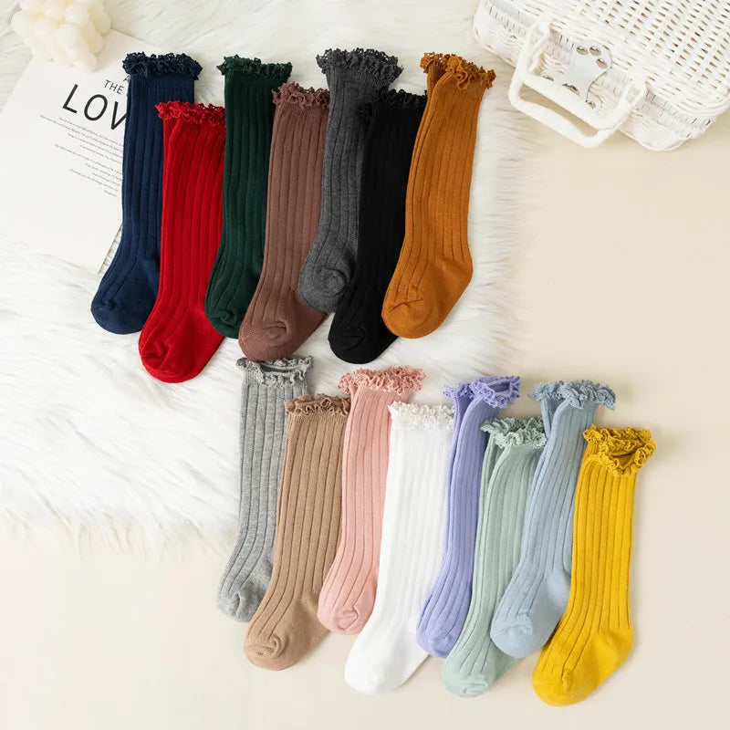 Ruffle Kids Knee High Socks Baby Girls Toddlers Long Soft Cotton Sock Lace Flower Children School Uniform Socks For 0-8 Years