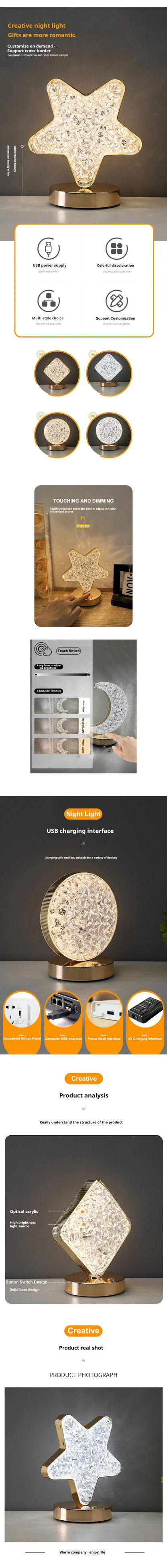 Night Light Bedroom Crystal Touch Dimming Room Home Decor Aesthetics USB Bedside LED Ambient Table 3D Moon Lamp