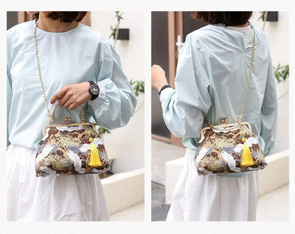 Fashion Vintage Fringe Bag Small Shell Bags Chain Women Shoulder Crossbody Bag Crane Flying Women's Handbags Purses Embroidery