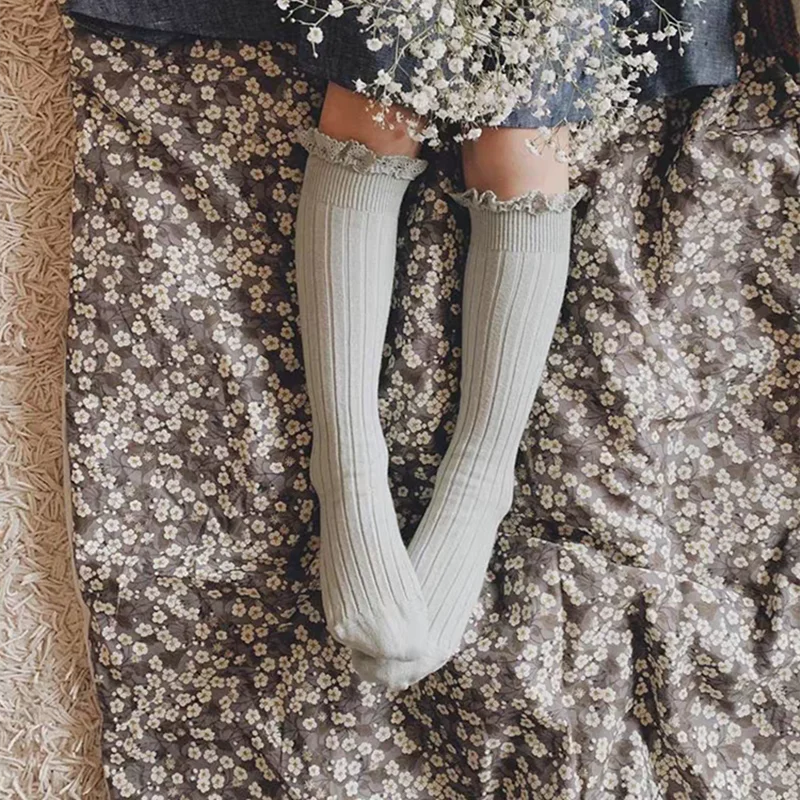 Ruffle Kids Knee High Socks Baby Girls Toddlers Long Soft Cotton Sock Lace Flower Children School Uniform Socks For 0-8 Years
