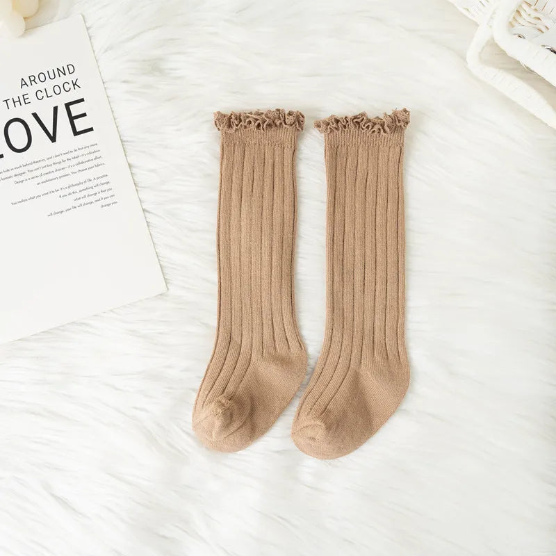 Ruffle Kids Knee High Socks Baby Girls Toddlers Long Soft Cotton Sock Lace Flower Children School Uniform Socks For 0-8 Years