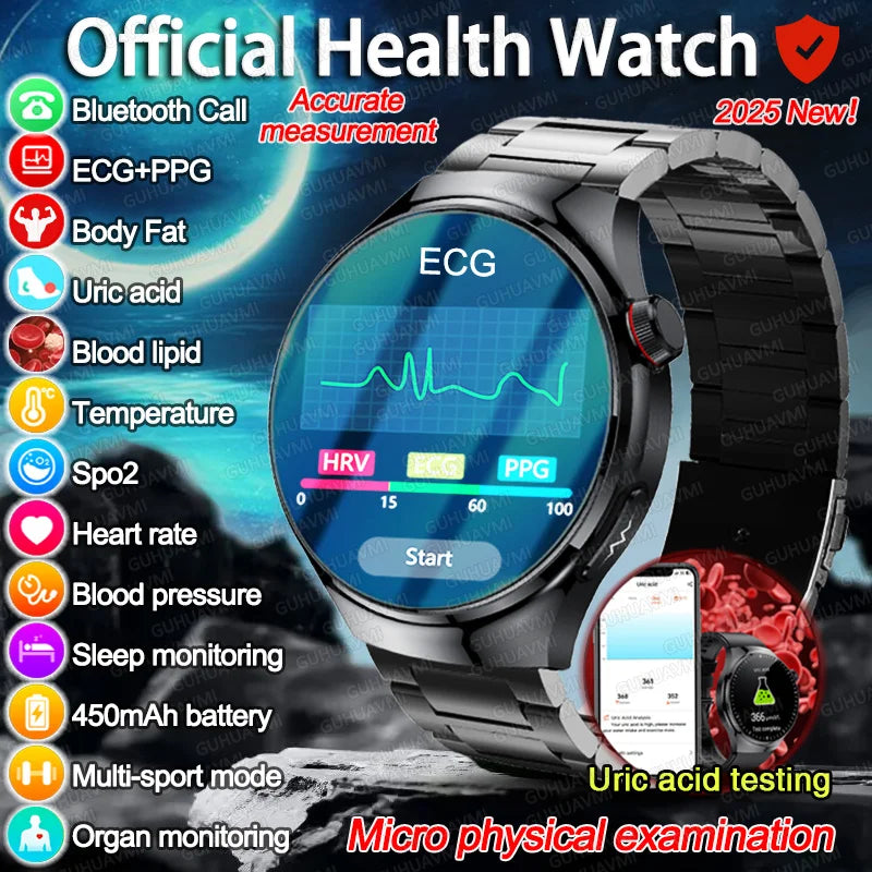 2025 For HUAWEI Precise ECG+PPG Uric acid HD Smart Watch Men Blood lipids Heart Rate Blood pressure Sport Call Health Smartwatch