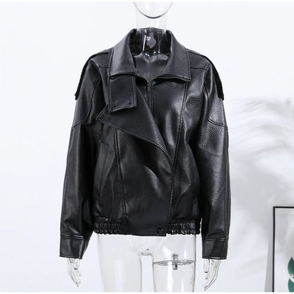 Retro Stand Collar PU Leather Jacket Women Classic Casual Zipper Single Breasted Black Jackets Lady 2025 Autumn Chic Streetwear