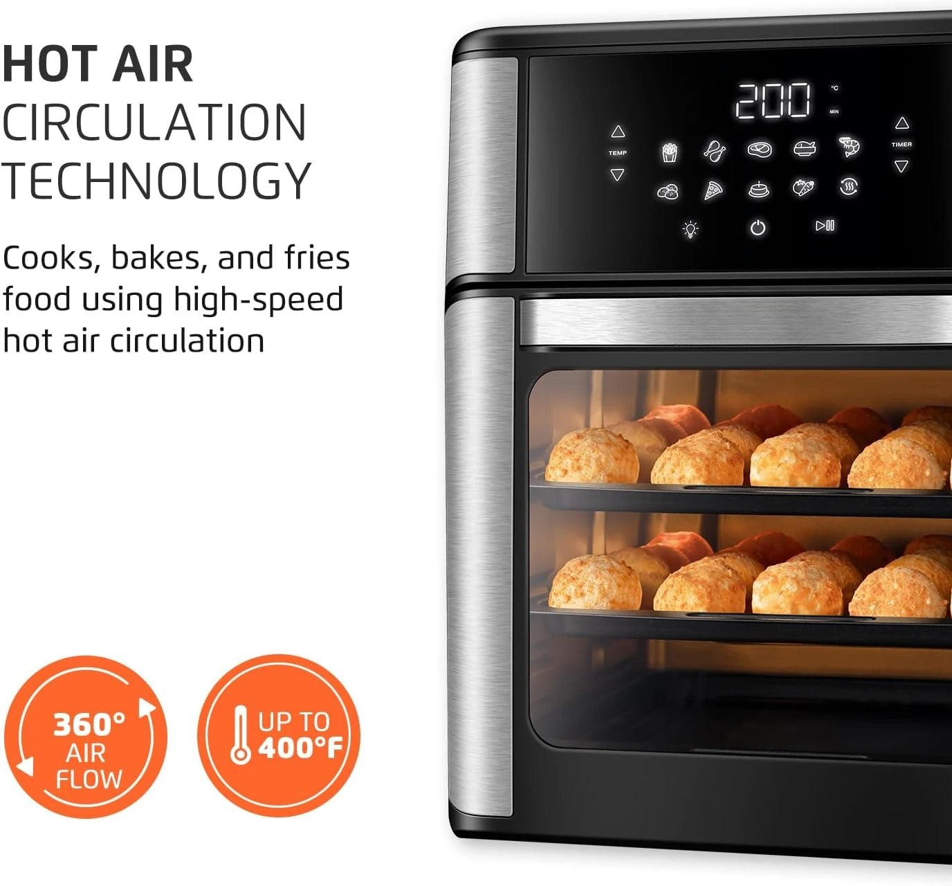 Air Fryer Oven 1800W, 12.7QT Capacity, Touchscreen Panel, Automatic Shut-Off – Black & Stainless Steel