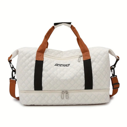 Nylon Travel Duffle Bag with Shoe Compartment, Large Capacity Argyle Pattern Casual Weekender Overnight Gym Storage Bag