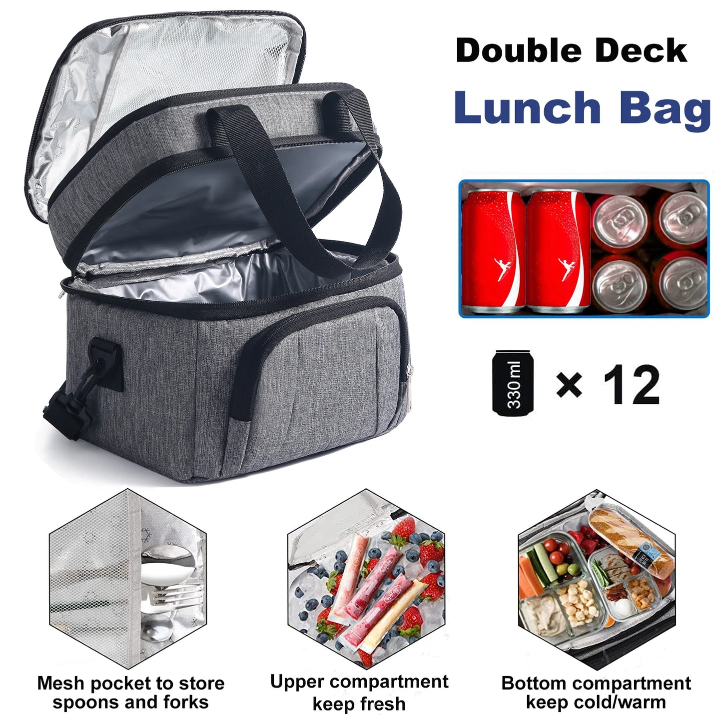 Double Insulated Lunch Bag Layer Portable Thermal Lunch Box Waterproof Picnic Heat Insulating Bag with Adjustable Strap