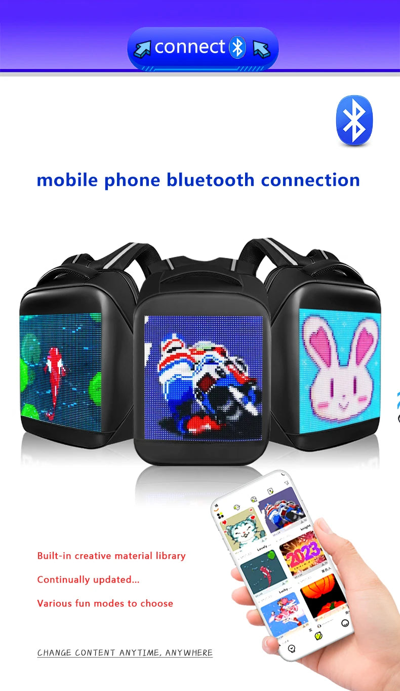 Fashion Custom APP Programmable Smart Led GIF Picture Advertising Backpack