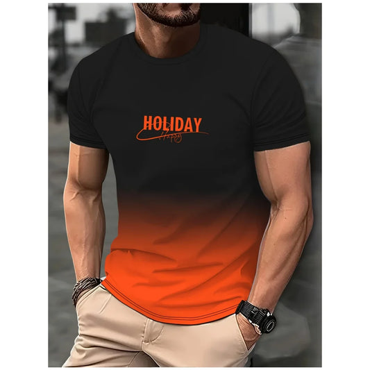 Fashion Men's Gradient Colour Letter Printed T-Shirt Casual Short Sleeve Round Neck T Shirt Summer Outdoor Sports Tees Clothing