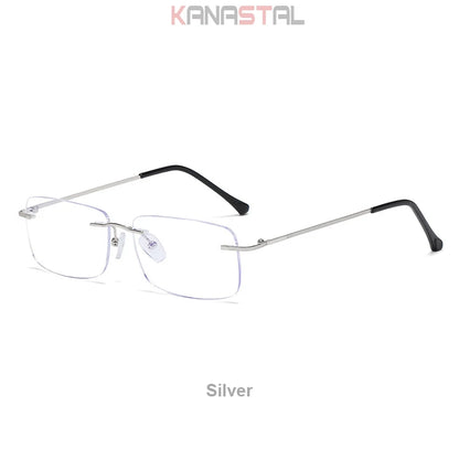 Men's Anti Blue Light Blocking Reading Glasses Cut Frameless Metal HD Lens Eyewear Women Prescription Presbyopic Glasses +400