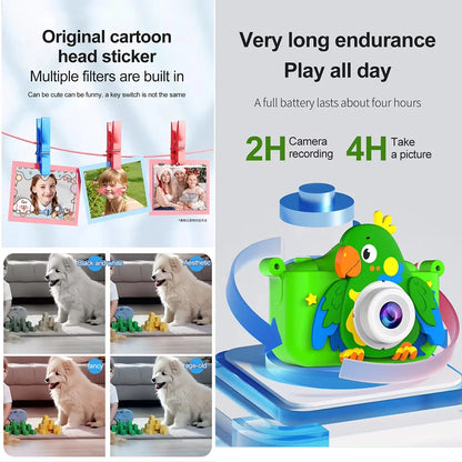 Kids Toys Camera HD 2.0 Inch Screen Cartoon Parrot Case 32GB Card Video Photo Child Birthday Festival Gifts Digital Camera Toys
