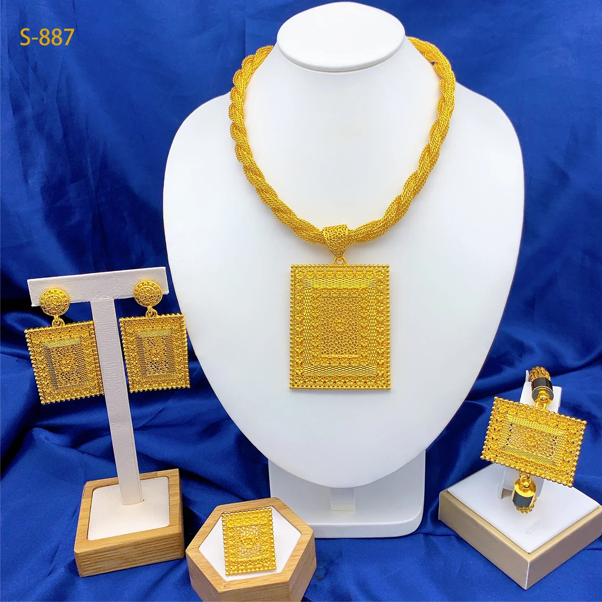 Luxury Dubai Rectangle Necklace And Earrings Jewelry Sets For Women Ethiopian Indian Bridal 24k Gold Color Set Wedding Party