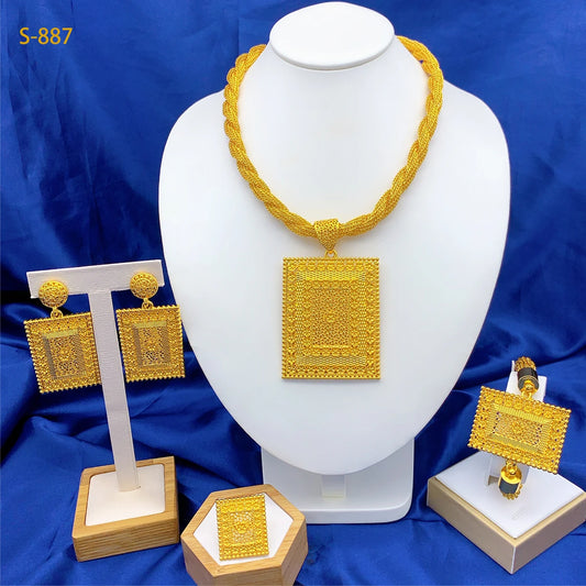 Luxury Dubai Rectangle Necklace And Earrings Jewelry Sets For Women Ethiopian Indian Bridal 24k Gold Color Set Wedding Party