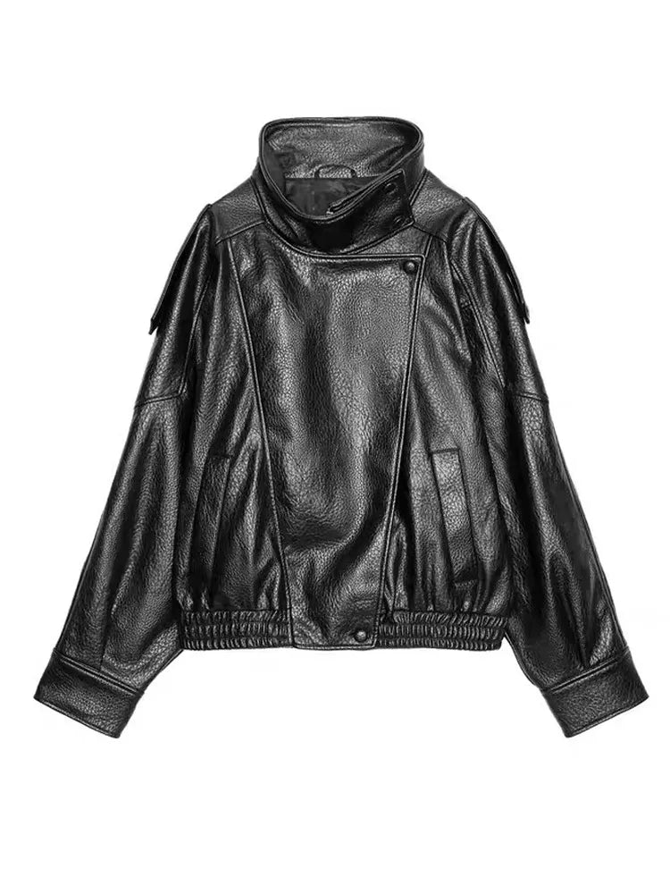 Retro Stand Collar PU Leather Jacket Women Classic Casual Zipper Single Breasted Black Jackets Lady 2025 Autumn Chic Streetwear