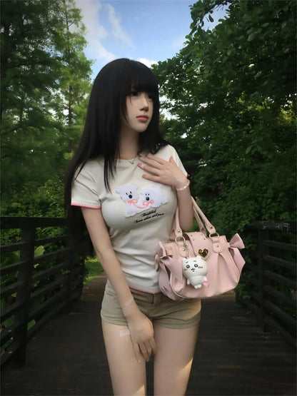 Sweet Bow Lolita Pink Hand Bag Purse Women Harajuku Love Heart Soft Crossbody Bag Lady Kawaii Large Capacity Shoulder Bag Female