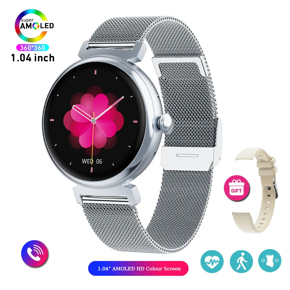 Bluetooth Call Smart Watch Screen Always Display 1.04 inch AMOLED Screen Fashion Ladies Smartwatch Metal Body Small Screen Watch