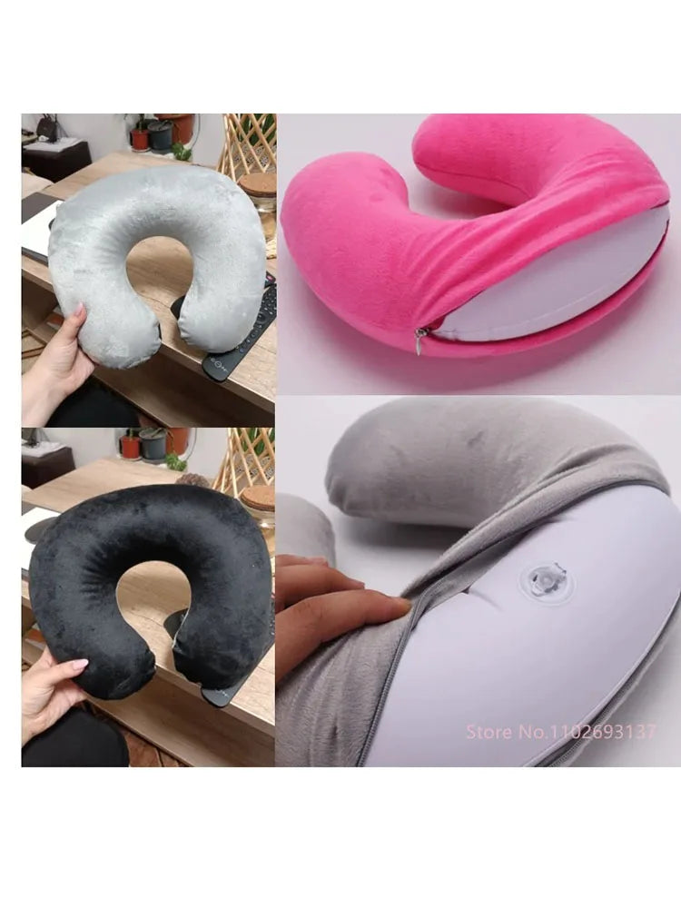 1PC U-shaped Travel Pillow Portable Lazy Inflatable Neck Cervical Support Short Plush Office Sleep Essentials