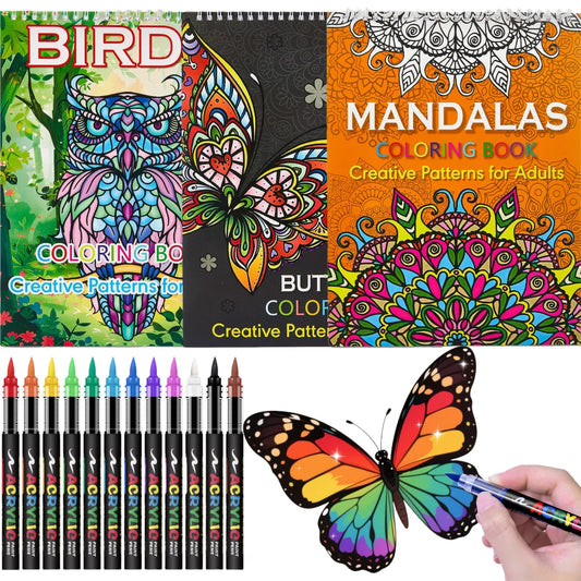 Coloring Book Set,With 12 Colors Acrylic Markers Stress Relief&Relaxation,Coloring Books for Adults to Relax and Relieve Anxiety