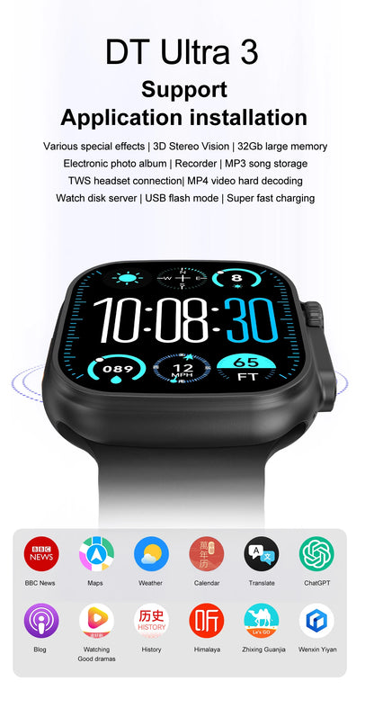DT Ultra 3 Pro Smart Watch HD AMOLED Screen 32GB MP3 MP4 Player  APP Store GPS Navigator ChatGPT NFC Sports Smartwatch Men Women