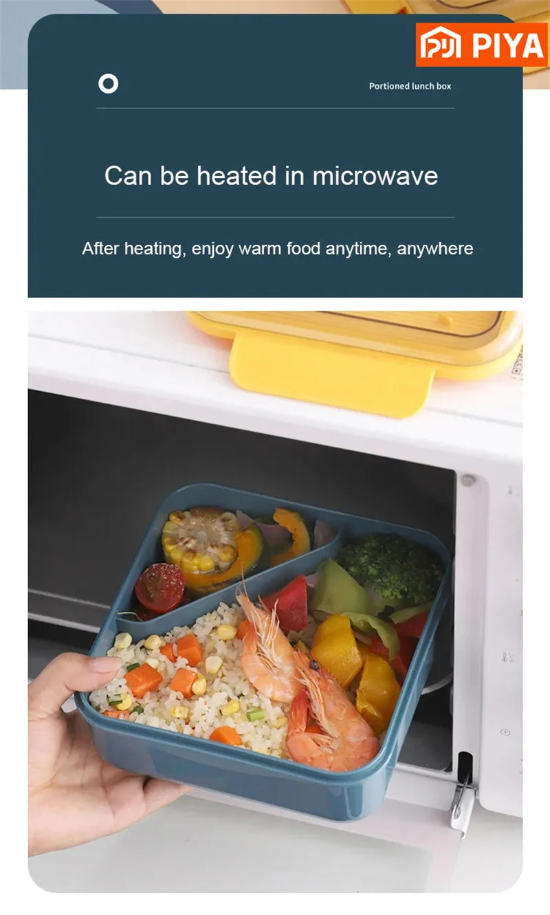 Portable Lunch Box Grid Children Student Office Bento Box with Fork Spoon Leakproof Microwavable Prevent School Food Storage Box