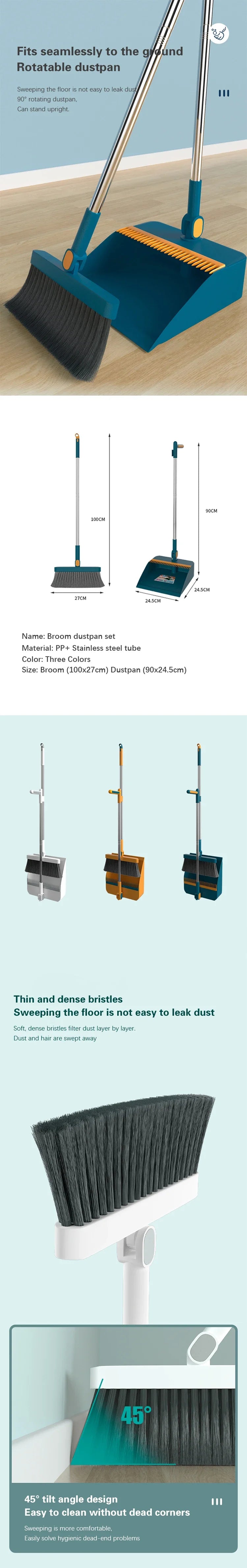 Cleaning Foldable Dustpan Broomstick Sweeping Set Rotating Hair Tools Broom Multi-functional Soft Stainless Combination
