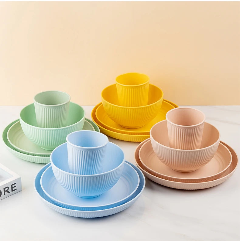 Wheat Straw Cutlery Set 4Pcs Bowl Cup Dish Set Portable Tableware Set Dinnerware Kits for Picnic Camping