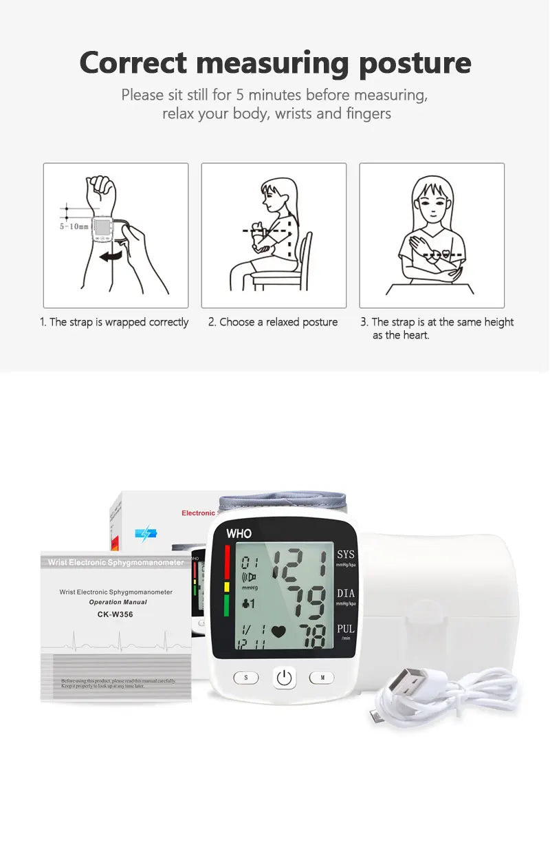 Rechargeable Digital Blood Pressure Monitor Wrist Electronic Sphygmomanometer  Tensiometer With LCD Display, 2 X 99 Memory