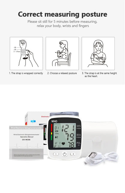Rechargeable Digital Blood Pressure Monitor Wrist Electronic Sphygmomanometer  Tensiometer With LCD Display, 2 X 99 Memory