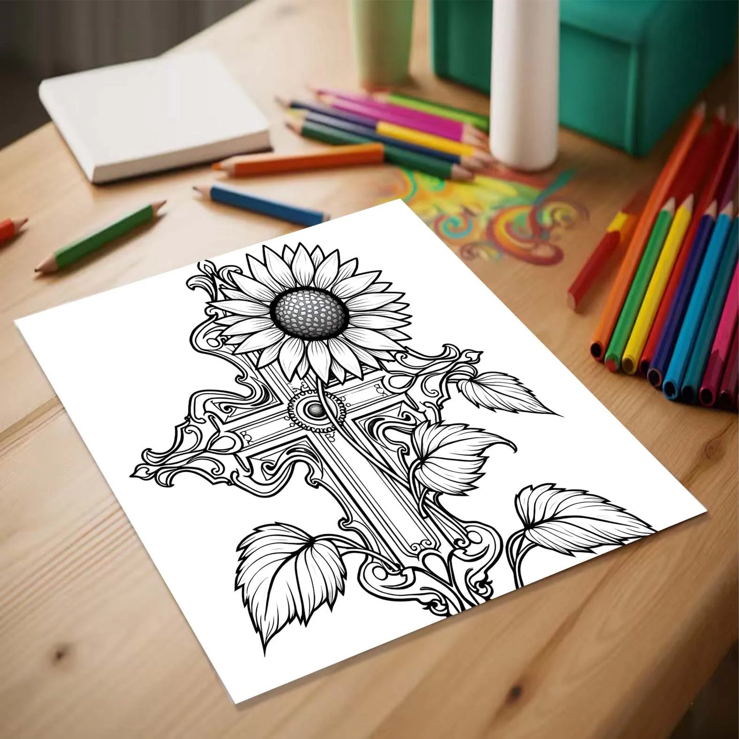 Cross surrounded by flowers Art Coloring Book 24 page Adult Picture Book help relieve stress and mood Graffiti Painting Drawing