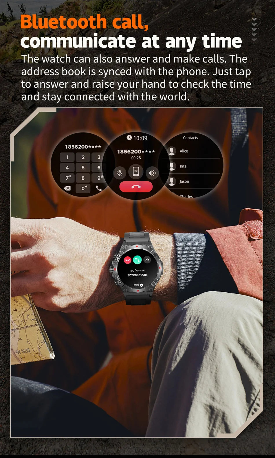 Military GPS Smart Watch Men AMOLED HD Screen Altitude Compass Heart Rate Sports Watch BT Calling IP68&10ATM Waterproof Watch