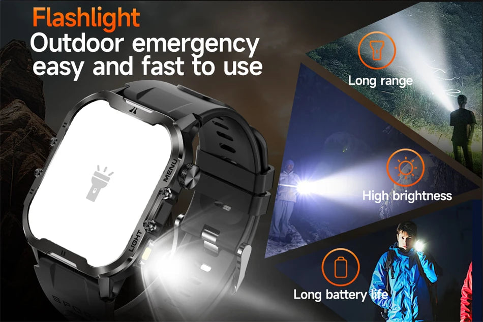 2024 New For Xiaomi Military Smart Watch Men Outdoor Sports Flashlight Fitness Watches Health Monitor 1.96" BT Call Smartwatch