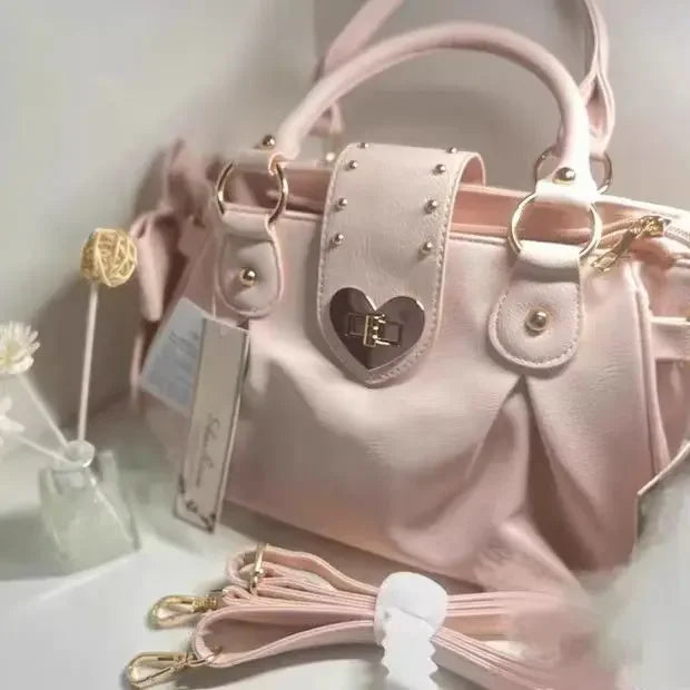 Sweet Bow Lolita Pink Hand Bag Purse Women Harajuku Love Heart Soft Crossbody Bag Lady Kawaii Large Capacity Shoulder Bag Female