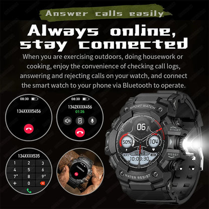 2025 Rugged Sport Smart Watch Bluetooth Calls Colorful Waterproof Military Smartwatches with Flashlight SOS COMPASS for Phone