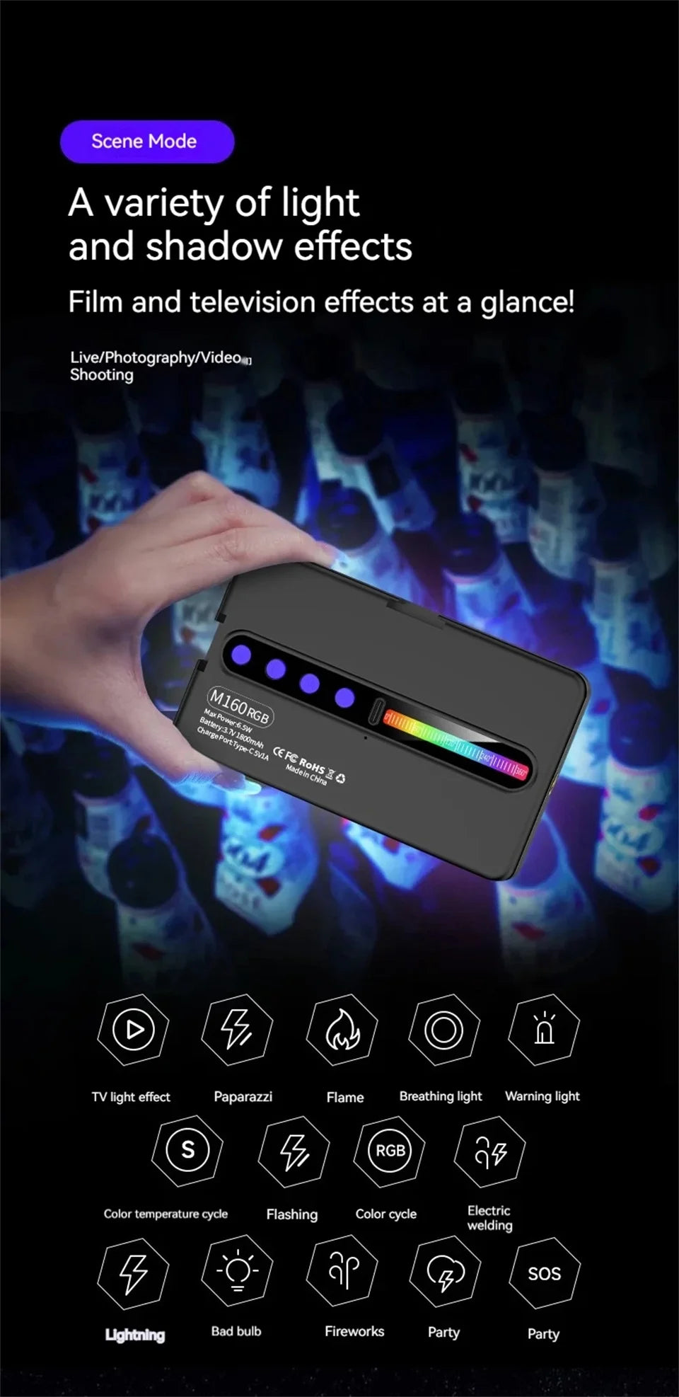 MEUYAG RGB Mini LED Video Camera Full Color Dimmable Fill Light Live Vlog Photography Photo Studio Lamp for Smartphone Selfie