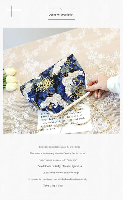 Fashion Vintage Fringe Bag Small Shell Bags Chain Women Shoulder Crossbody Bag Crane Flying Women's Handbags Purses Embroidery