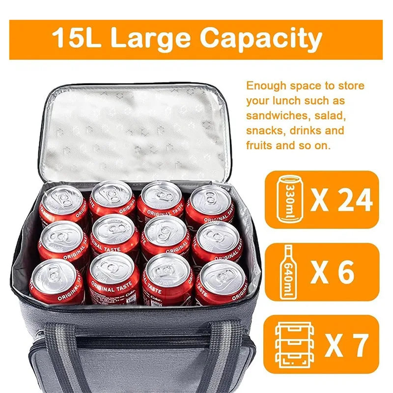 15L Portable Large Insulated Lunch Bag Black Waterproof Leak-proof Thickened Handheld Shoulder Carry Outdoor Picnic Lunch Bag