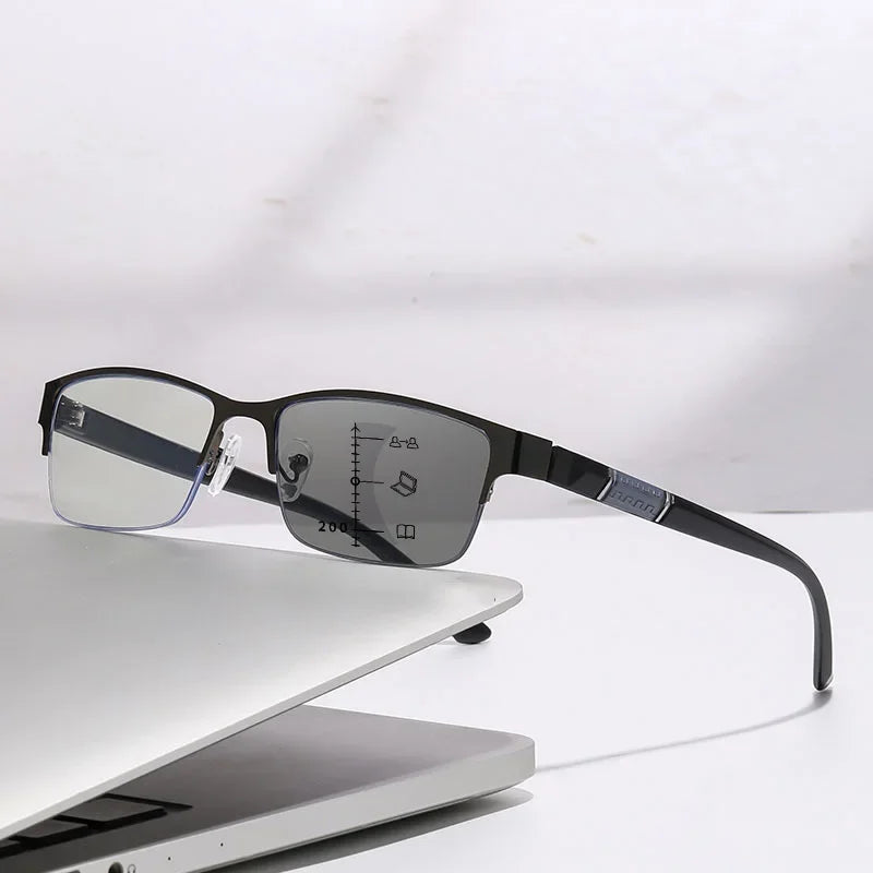 Metal Frame Far Sighted Eyeglasses with Sunshades Smart Photochromic Multifocal Reading Glasses Men Business Presbyopia Eyewear