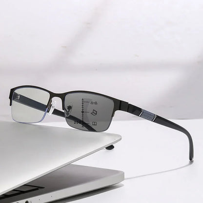 Metal Frame Far Sighted Eyeglasses with Sunshades Smart Photochromic Multifocal Reading Glasses Men Business Presbyopia Eyewear
