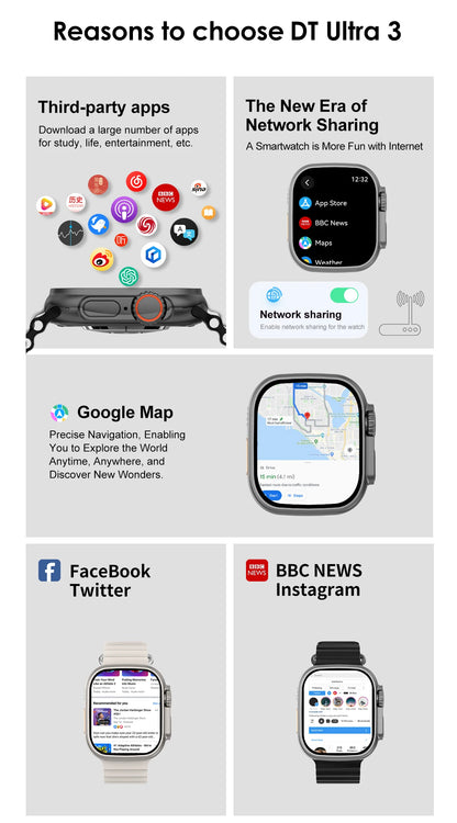 DT Ultra 3 Pro Smart Watch HD AMOLED Screen 32GB MP3 MP4 Player  APP Store GPS Navigator ChatGPT NFC Sports Smartwatch Men Women