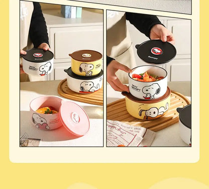 Snoopy animation peripheral cartoon safety bowl sealed ceramic box with lid can be microwaved and portable for office workers