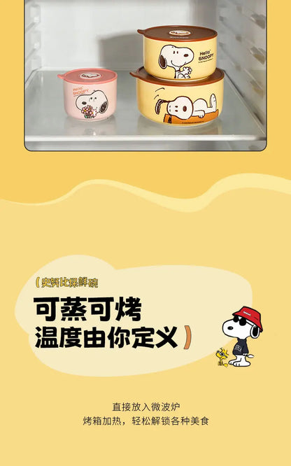 Snoopy animation peripheral cartoon safety bowl sealed ceramic box with lid can be microwaved and portable for office workers