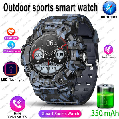 2025 Rugged Sport Smart Watch Bluetooth Calls Colorful Waterproof Military Smartwatches with Flashlight SOS COMPASS for Phone