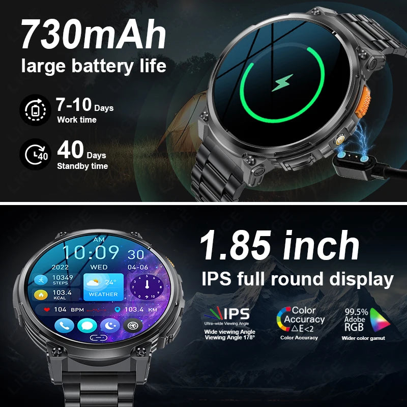 LIGE 1.85"HD Screen Outdoor Sport Smartwatch Men Heart Rate Flashlight Watch 730mAh Battery Waterproof Wireless Call Smart Watch