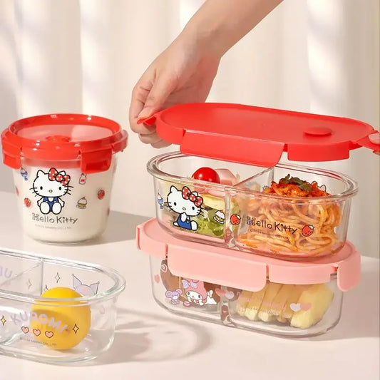 Sanrio Kawaii Hello Kitty Glass Lunch Box My Melody Kuromi Anime Cartoon Sweet Microwaveable Sealed Soup Bowls with Separate Lid