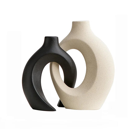 ,  Hollow Cuddled Ceramic Vase, 2 for Modern Home Decoration, Boho Donut Vase, Black and White Minimalist Decorative Flowerpot