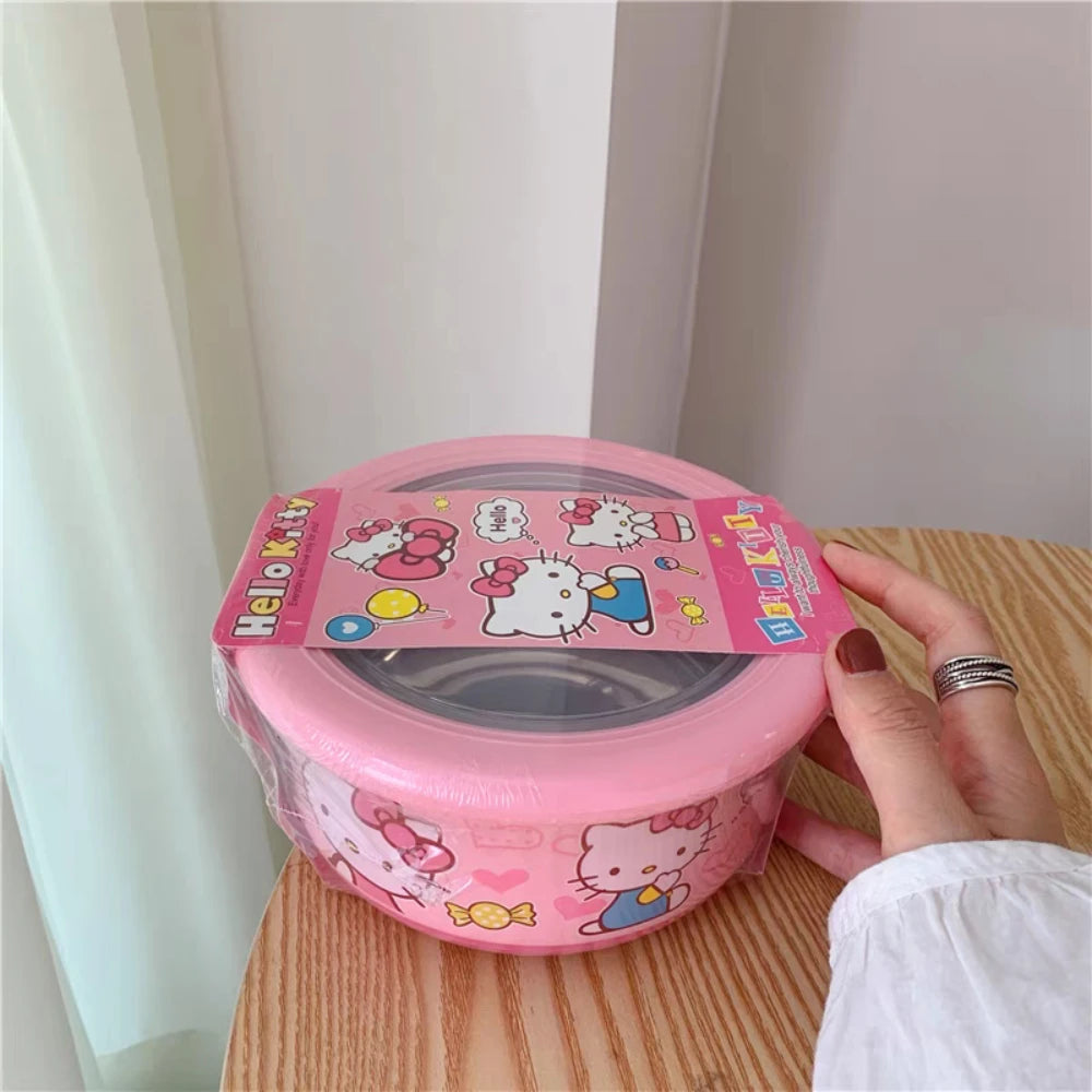 Anime Sanrio Hello Kitty Stainless Steel With Lid Ramen Bowl Student Dormitory Fruit Salad Rice Soup Bowl Kitchen Tableware